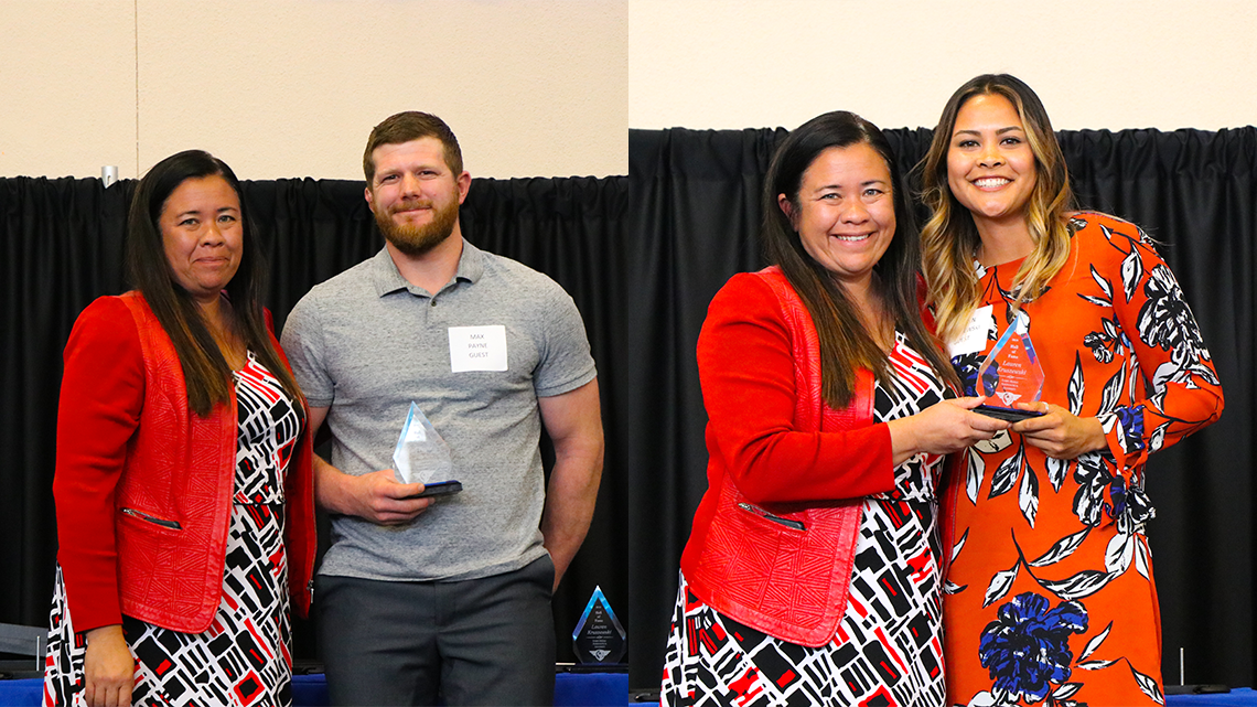 The Embry-Riddle Aeronautical University 2019 Hall of Fame inductees:  Pictured: (left to right) Athletic Director Jaime Long, Max Payne (accepting on behalf of Dan Payne), Lauren Kruszewski